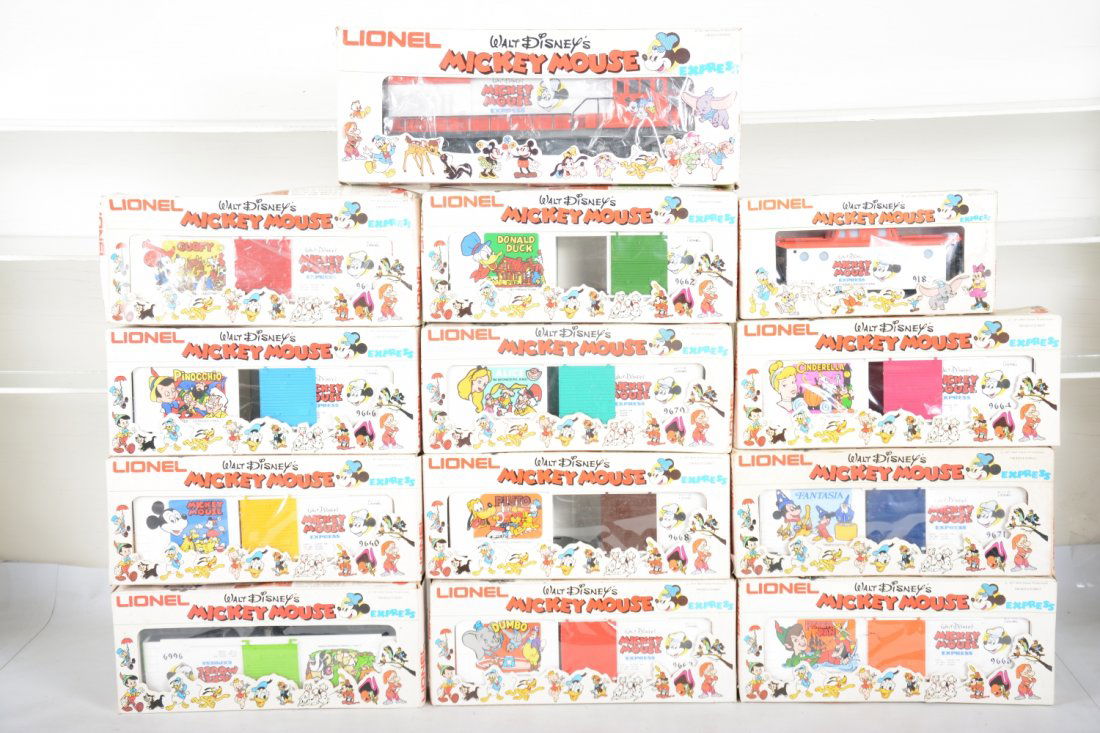 Lionel Mickey Mouse Disney Set: Iconic 13pc set with 8773 U36B diesel; Hi-Cube boxcars 9661 through 9666; (see lot 219 for 9667); 9668 through 9671; 9183. This great set features Donald Duck, Bambi, Peter Pan, Pinocchio, Cinderella,