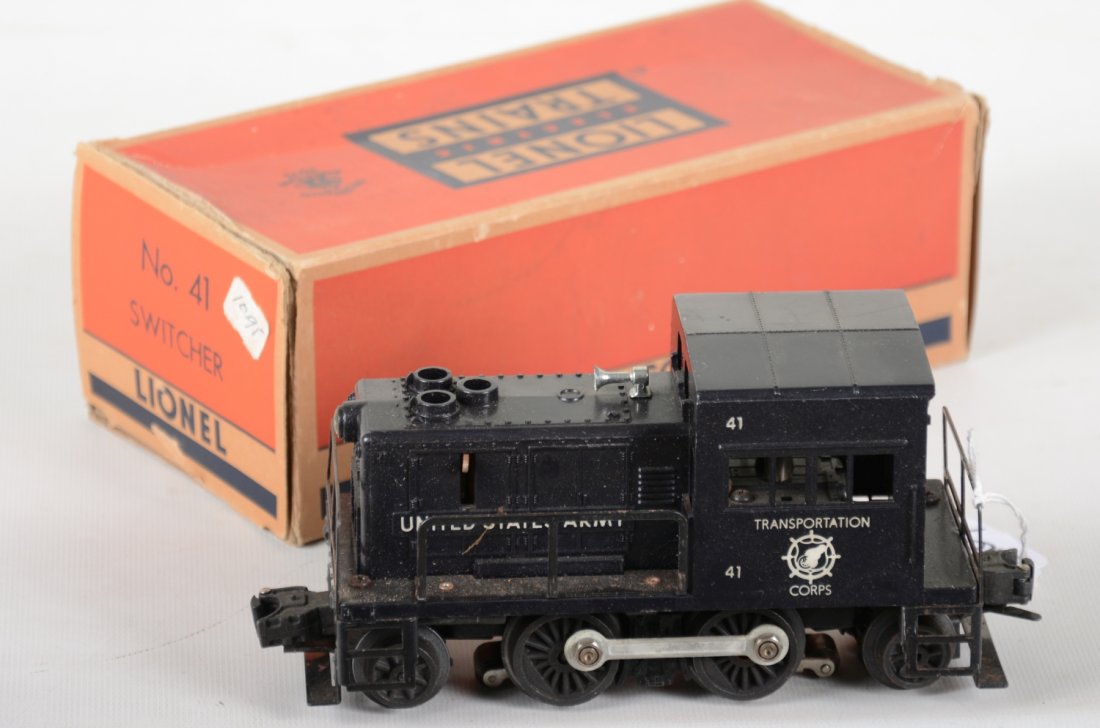 Boxed Lionel 41 US Army Diesel: Clean with intact struts. It shows light playwear with box, C7+