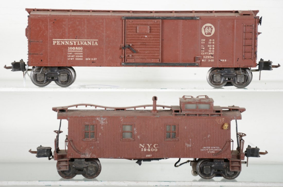 Lionel 2954 & 2957 Semi-Scale Cars: Includes a 2954 PRR boxcar, 1 step broken off; 2957 caboose , catwalk warped, floor slightly warped, both have HBC and show moderate playwear, C4+-5