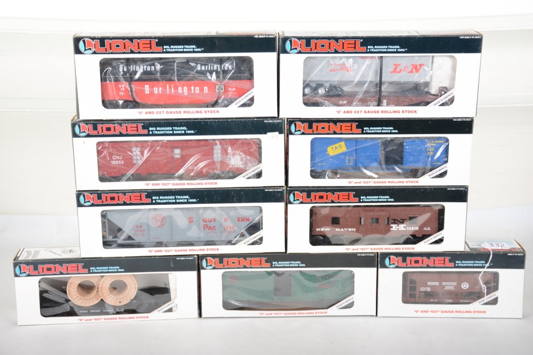 Lionel Freight Cars: Includes 19233 SP boxcar; 16324 PRR reel car; 19300 PRR ore car; 19653 JC tool car; 19311 SP hopper; 16357 L&N trailer flat; 16343 Burlington coil car; 16510 NH caboose; 19231 TA&G boxcar. A few have 