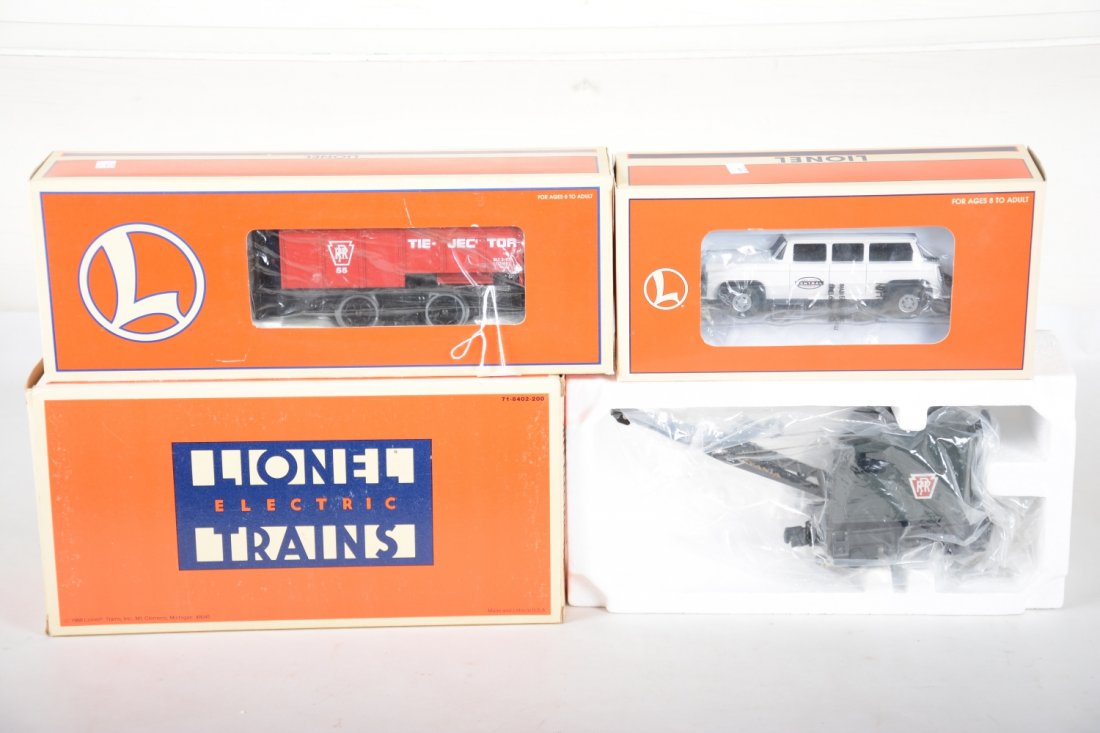Lionel Motorized Units: Includes a 18427 tie-Jector, complete; 18430 NYC crew car; 18410 PRR burro crane, no trips, box fadded. All show light runtime with C9 bodies with boxes.