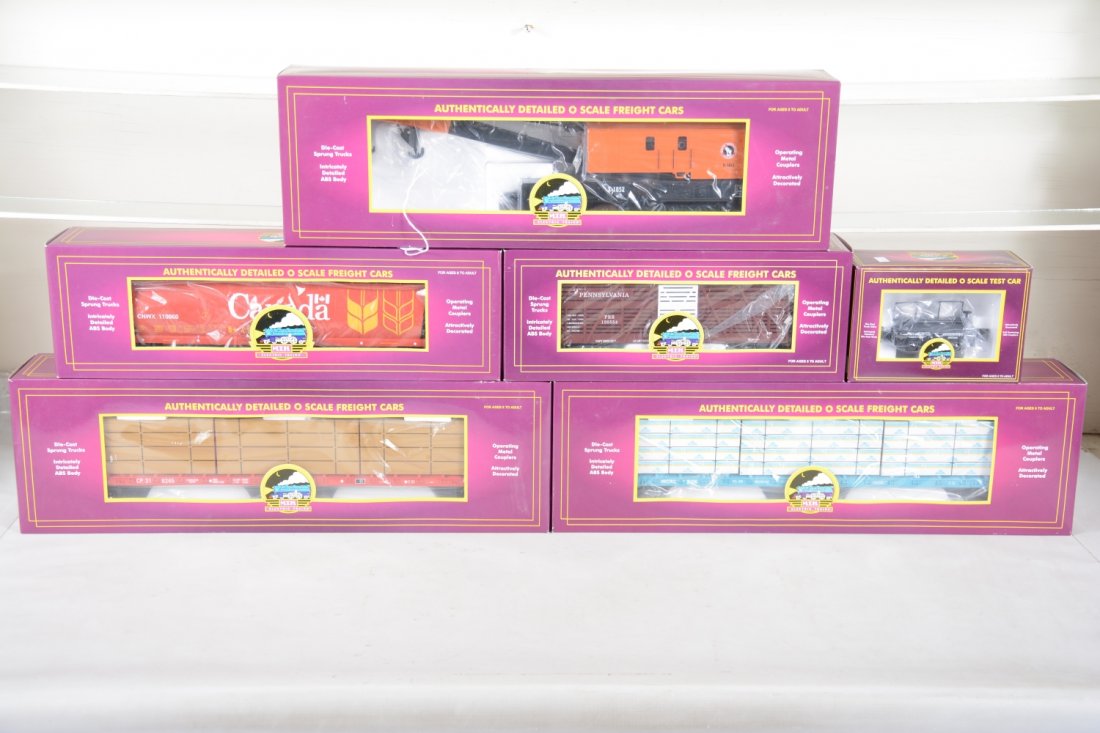 MTH Premier Freight Cars: Includes 20-98222 GN crane; 20-98234 CP Rail I-Beam lumber car; 20-98230 Tobacco Valley I-Beam lumber car; 20-97400 Canada Dry Cylindrical hopper; 20-94503 PRR stock car; 20-98216 PRR test car. All ap