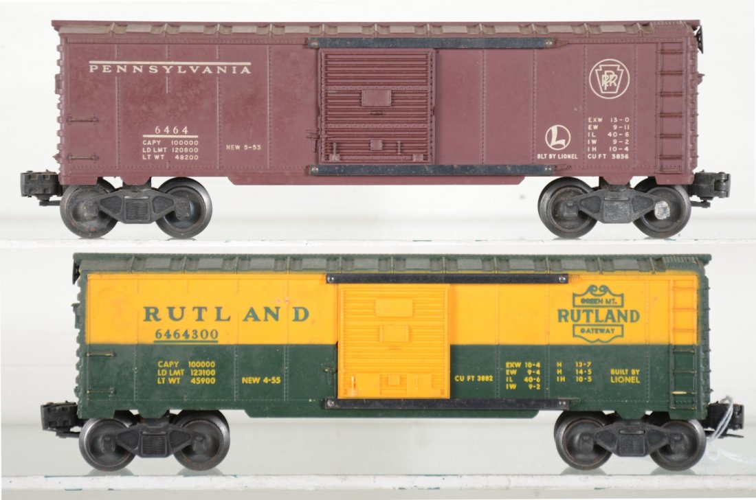 Lionel 6464 Boxcars: Includes a 6464-300 Rutland, type IIB heat stamped offset lettering; 6464-200 PRR boxcar, type I. They could benefit from a cleaning and show light to moderate playwear, C7