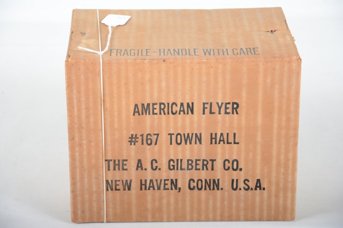 RARE SEALED American Flyer 167 Town Hall: S Gauge. One of the toughest 1952 wood buildings to find nice and this is as good as it gets, factory sealed in its box. There is a rattle, so we suspect the bellfrey is loose, but are you going to op