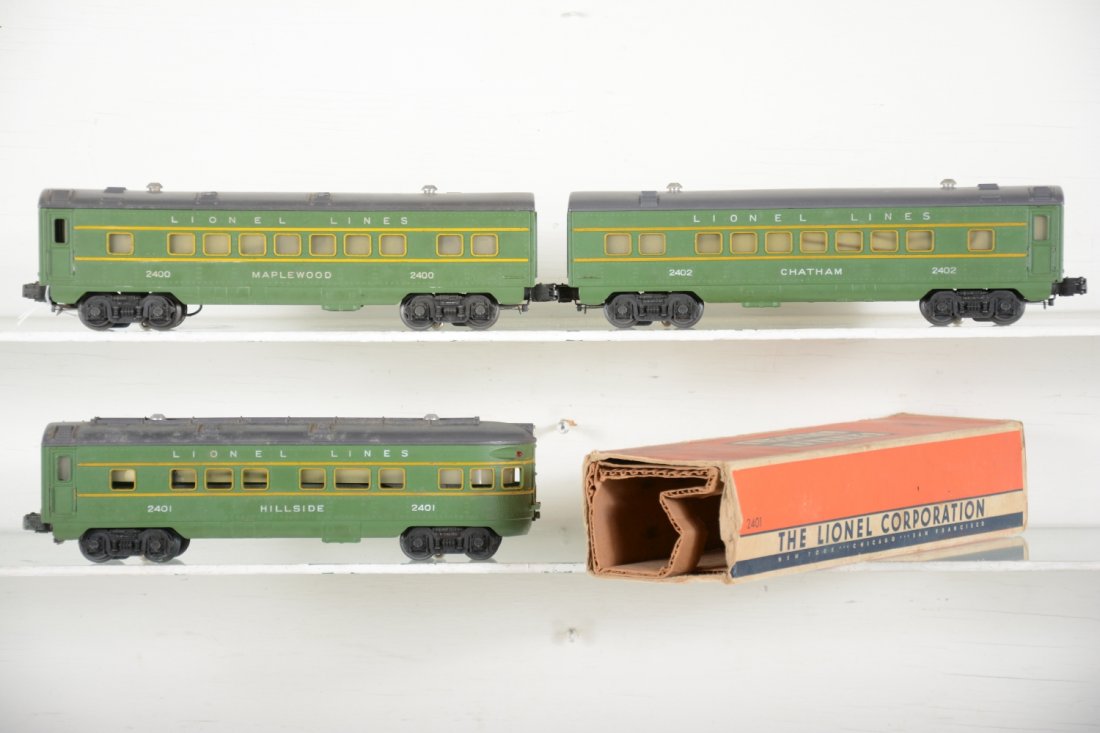 Lionel 2400 Series Passenger Cars: Includes 2400 Chatham Pullman; 2402 Maplewood Pullman; 2401 Hillside observation. All have nice sides and are clean, but the observation roof has light mildew spots with worn box. Rest C7