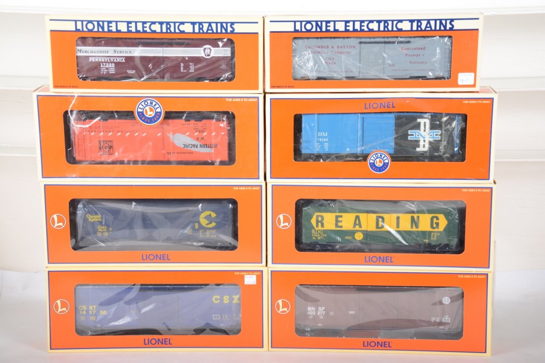 Lionel Standard O Scale Boxcars: Includes 17278 WP; 17220 PRR; 17292 B&M; 17251 BNSF; 17253 CSX; 17245 Chessie; 17884 CDT; 29258 Reading. All are mint with boxes, C10
