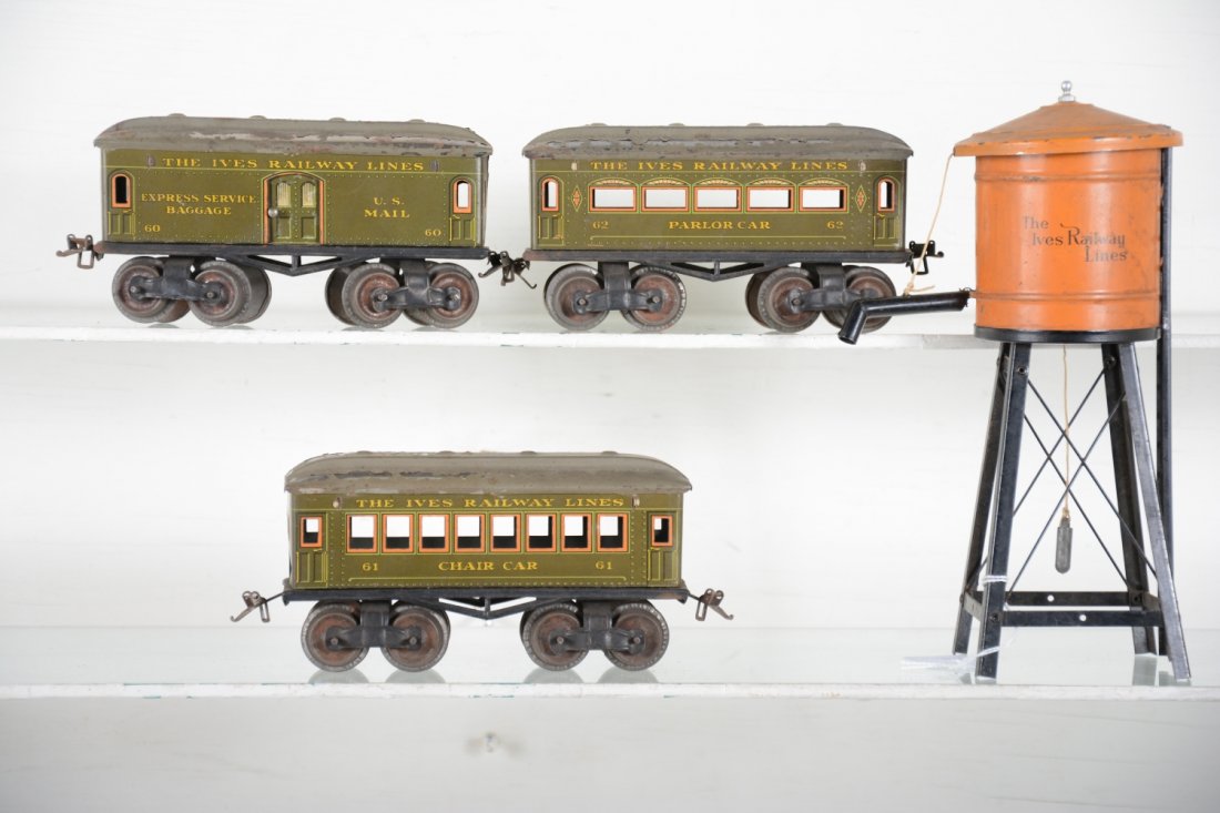 Ives Water Tank & Passenger Cars: Includes an 89 water tank with replaced spout; 60 baggage; 61 Chair car; 62 Parlor all early with T-trucks, roofs flaking 50%, otherwise C6