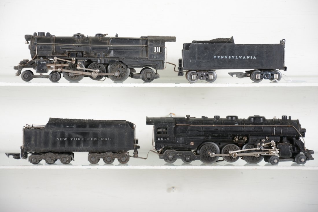 American Flyer 3/16 Steam loco, 1 Scarce: 3/16 O gauge. Includes a scarce "5640" Hudson, 1st production with reduction motor, clean rods with intact NYC cast tender, front pony wheels fatigued, motor turns; 561 Pacific with 558 PRR tender. Th