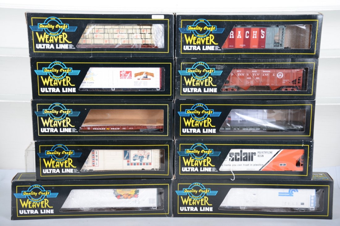 Weaver Standard O Ultra Line Freight Cars: Includes Sclair center flow hopper; Das Awascht boxcar; 12017 LLP reefer; 359018 Conrail reefer; 38234 US Army flat; O-gauge RR boxcar; 22119 PRR composite hopper; 7255 Erie bulkhead flat; 47182 Brach