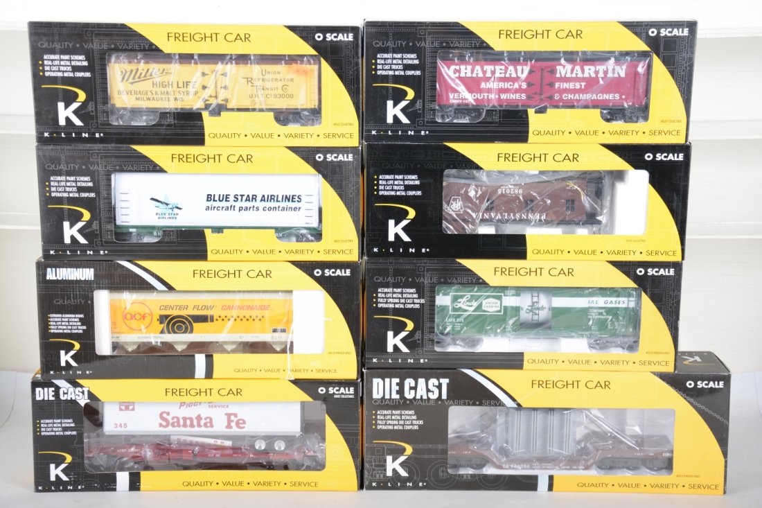 K-Line Standard O Scale Freight Cars: Includes K691-1151 BN flat; K616-1894 PRR smoke caboose; K692-1411 flat with transformer; K742-6401 Miller wood reefer; K6244-8011 ACF 4-bay hopper; K771-1051 ATSF flat with trailer; K742-8015 Chateau