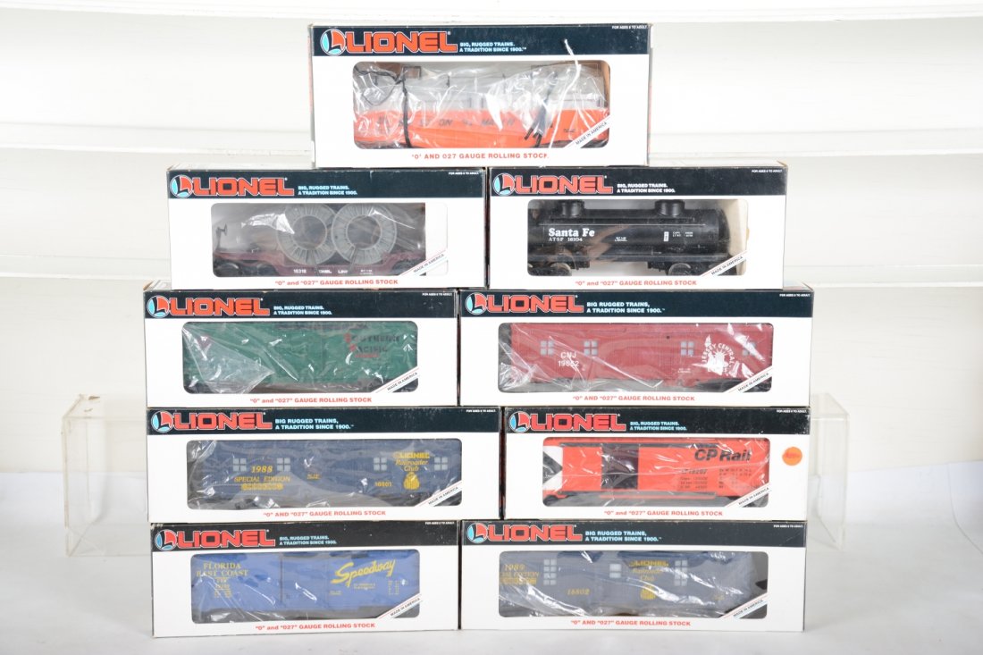 Lionel Freight Cars: Includes 19652 JB bunk car; 16353 B&M coil car; 16801 LRRC bunk car; 16233 SP boxcar; 16318 Well car; 16104 SF tank car; 19209 FEC boxcar; 16802 LRRC tool car; 19207 CP Rail boxcar. All appear new in 