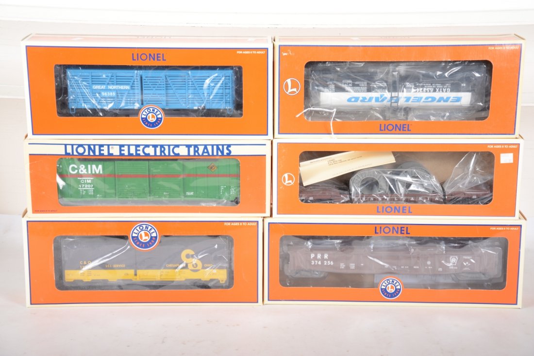 Lionel Standard O Scale Freight Cars: Includes 17268 C&O boxcar; 17710 GN 40-ton stock car; 16983 PRR well car; 17461 PRR PS-5 gondola; 17914 Englehard unibody tank car; 17207 C&IM double-door boxcar. All are unrun with boxes(17207 has a 