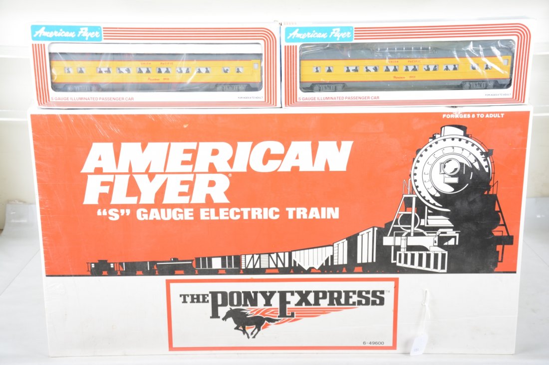 Lionel American Flyer UP Pony Express Set: S Gauge. Includes a sealed 49600 6pc AA diesel passenger set, plus 48908 coach(ob has worn corner); 48909 vista-dome. All mint in boxes, C10 (see next lot for add-on pieces)