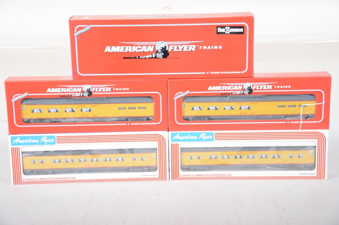 Lionel American Flyer UP Pony Express Add-Ons: S Gauge. Includes 48119 Non-powered PB-1 with RailSounds; 2 #48908 coaches; 2 #48941 diners. All are mint factory fresh with boxes, C10