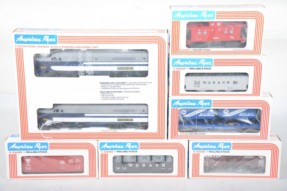 Lionel American Flyer Wabash AA Diesel Freight Set: S Gauge. Includes the 48100 PA AA diesels; 48603 hopper; 48502 flat with trailers; 48305 boxcar; 48503 gondola; 48800 reefer; 48702 caboose. All are mint factory fresh with boxes, C10