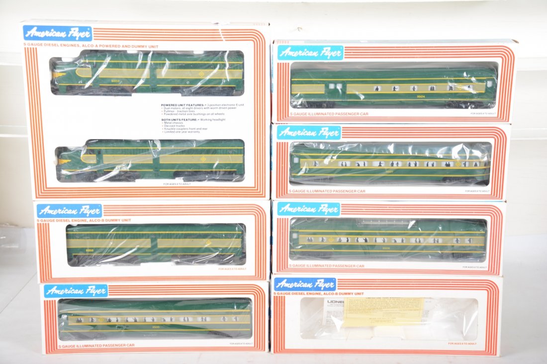 Lionel American Flyer Erie ABA Diesel Set: S Gauge. Includes an 8251 & 8252 PA ABA Diesels with horn(extra box in photo is not included); 9504 combine; 9505 Pullman; 9506 vista-dome; 9507 observation. All are mint factory fresh with boxes, C10