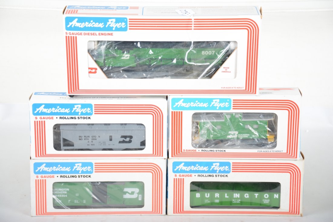 Lionel American Flyer Burlington Diesel Freight Set: S Gauge. Includes a 48007 GP-20 diesel; 48304 boxcar; 9300 gondola; 48605 covered hopper, all are unrun, LN with boxes, C9-10; 48706 caboose, metal parts lightly rusted, but car is unrun, C5.