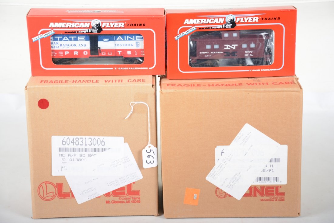 2 Cases Lionel American Flyer Freight Cars: S Gauge. Includes 6 #48313 B&A boxcars; 6 #48707 NH square window cabooses. All are mint factory fresh with boxes & case boxes, C10
