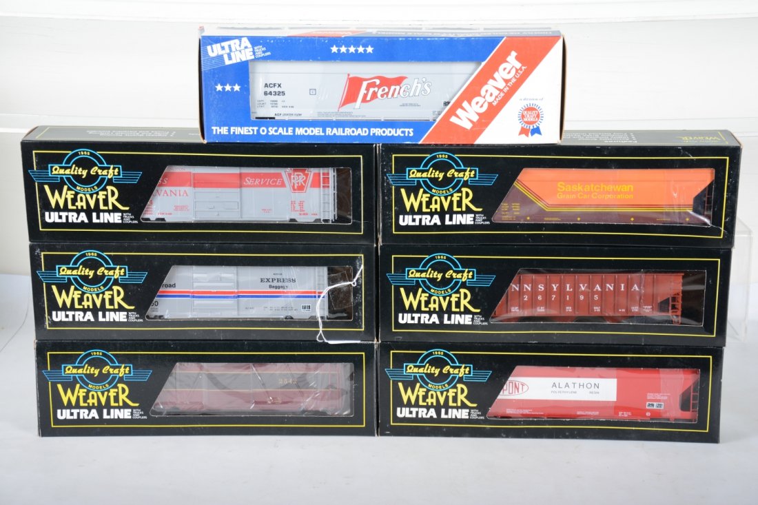 Weaver Hi Rail Freight Cars: Includes 2542 PRR boxcar; 21750 Amtrak boxcar; 267195 PRR hopper; 604094 PRR boxcar; 625255 SKPX cylindrical hopper; 36375 Dupont centerflow hopper; Bev-Bell Frenches centerflow hopper. All appear new