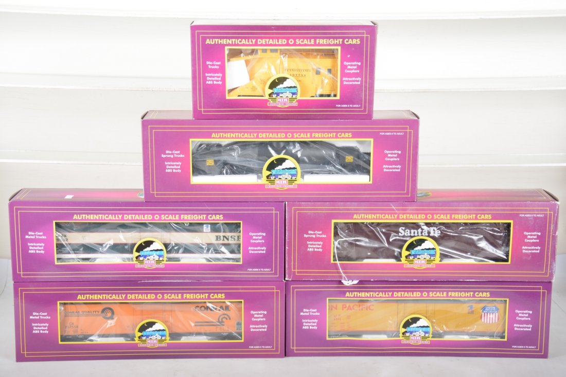 MTH Premier Freight Cars: Includes 20-98201 hot metal car; 20-97503 SF wood chip hopper; 20-98208 sno plow; 20-93055 BNSF mail boxcar; 20-93053 UP mail boxcar; 20-94030 Conrail express reefer. All are new in boxes, C10