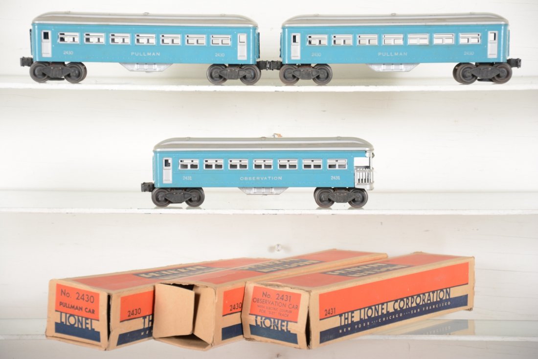 Nice Boxed Lionel 2430 Series Passenger Cars: Circa 1946. Includes 2 #2430 Pullmans; 2431 observation, all have late flying show trucks and nice clean roofs for a change with worn boxes, C7-7+ Nice Examples!