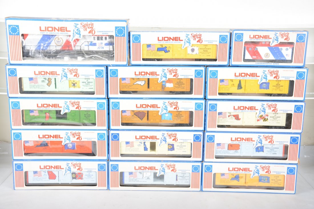 Lionel Spirit of 76 Set: Includes a 1776 U36B diesel, 1 1/16 round oxi spot on frame; State boxcars- 7601 through 7613 with their matching 7600 caboose. All show very light runtime, rest with C9 bodies and nice boxes.