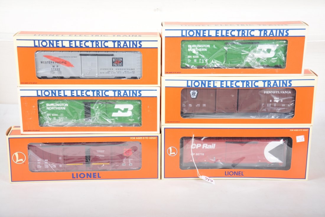 Lionel Standard O Boxcars: Includes 2 #6235 Burlington; 17222 WP, 17231 WC, 17216 PRR double-door; 17262 CP. All appear new in boxes, C10