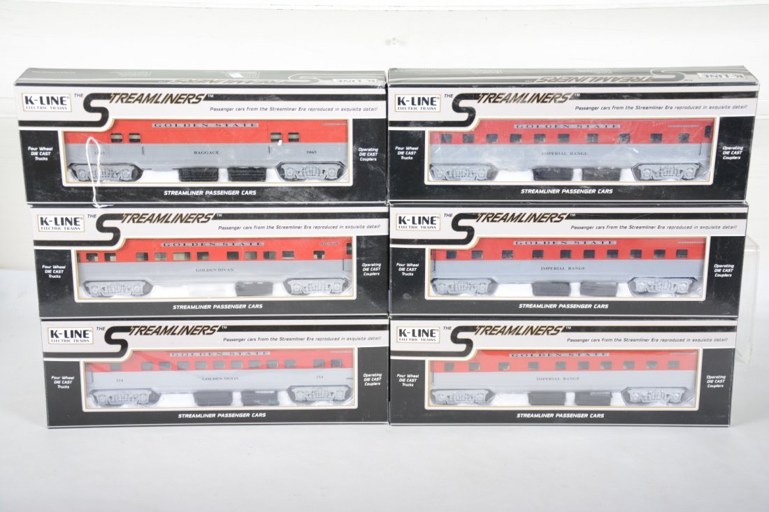 K-Line Golden State Passenger Cars: Includes 5065 baggage, 3 Imperial Range coaches; Golden moon diner; K4632-0479 Golden Divan observation. All are new in boxes, C10