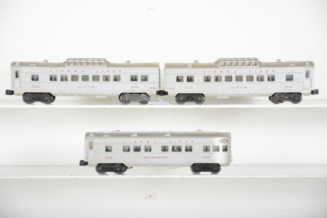 Lionel Passenger Cars: Includes 2 #2432 Clifton vista-domes; 2436 Mooseheart observation, all have red lettering and show light to moderate playwear, C6-7