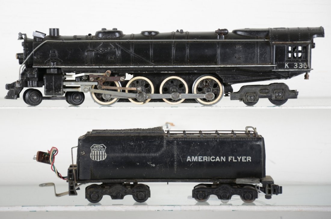 American Flyer K335 UP Northern: S Gauge. Clean mid period 4-8-4 steam loco, first with K/C. It has 90% of white stripe intact with nice lettering. It has an intact tender and shows light to moderate playwear, C6+-7