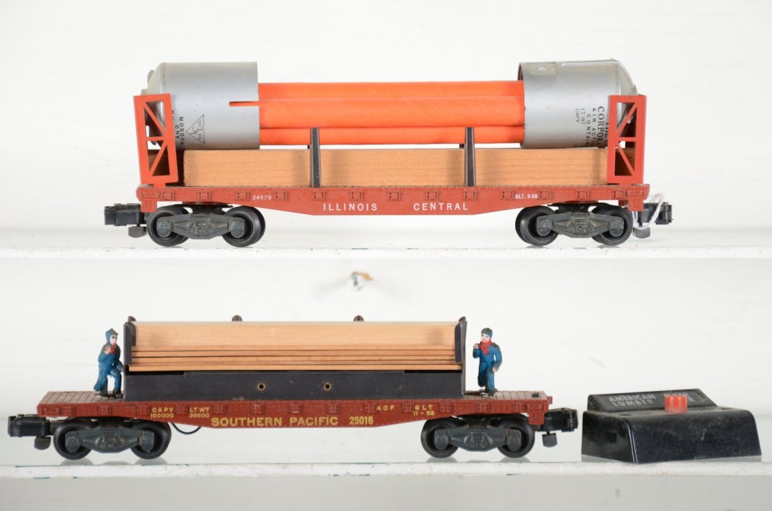 American Flyer 5-Digit Freight Cars: S Gauge. Includes 25016 "Moe & Joe" lumber unloading car with 5-boards and controller, missing brake wheel; 24579 Miscellaneous car, pipes appear to be replacements. Otherwise all show light to modera