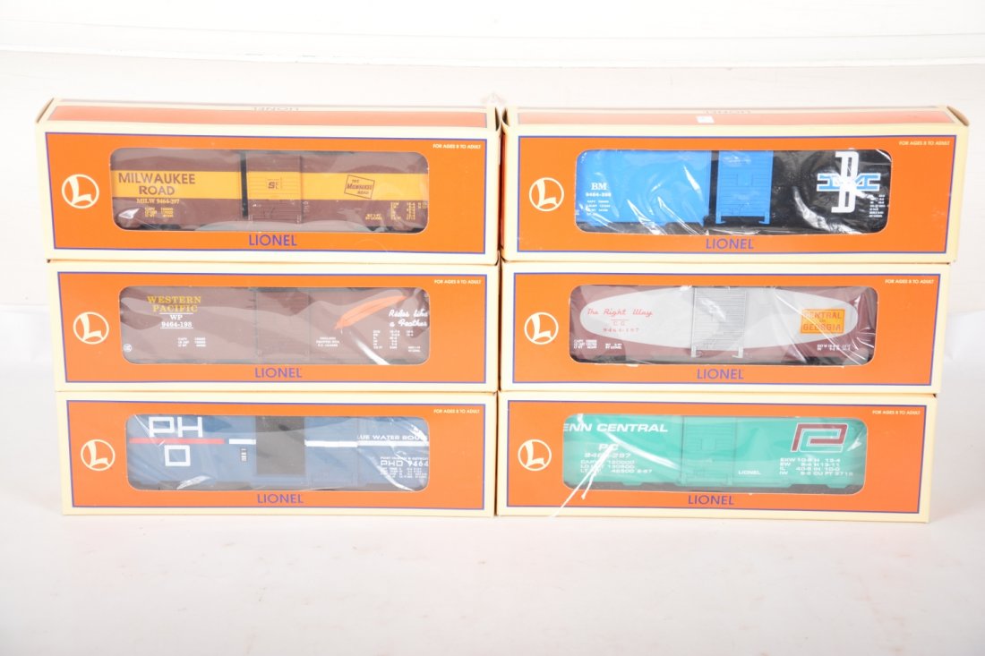 Lionel Standard O Scale Boxcars: Includes 17226 MR; 17235 B&A; 17233 WP; 17224 C of G; 17234 PH&D; 17225 Penn Central. All are new in boxes, C10