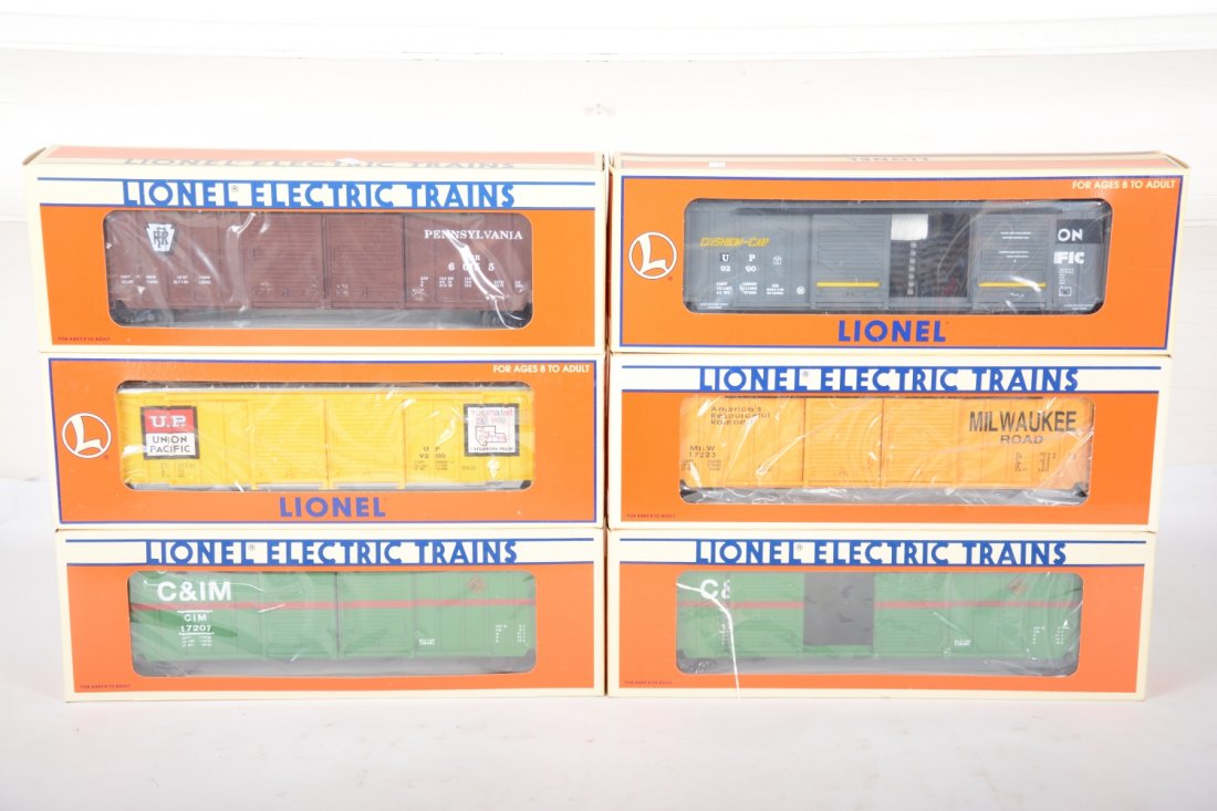 Lionel Standard O Scale Double-Door Boxcars: Includes 17227 UP; 17232 SP/UP; 17216 PRR; 17223 MR; 2 #17207 C&LM. All are new in boxes, C10