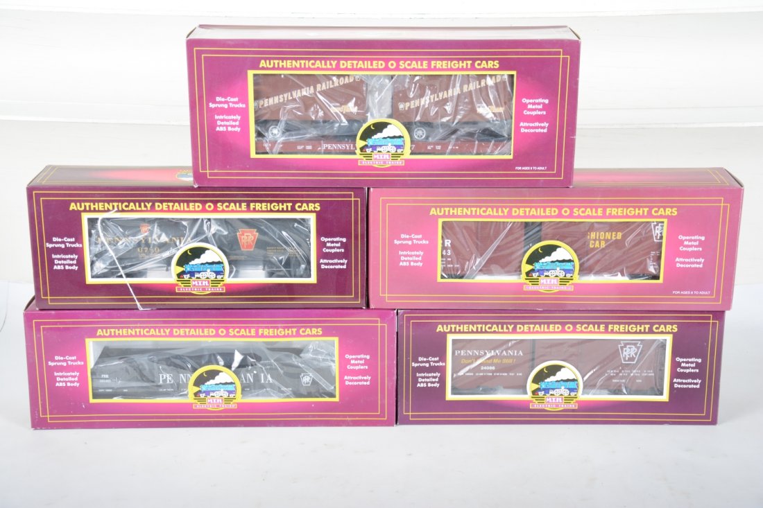 MTH Premier PRR Freight Cars: Includes MT-9302L boxcar; 20-98001 gondola; 20-93016 Double-door boxcar; 20-98104 trailer flat; 20-9204L tank car. All are new in boxes, C10