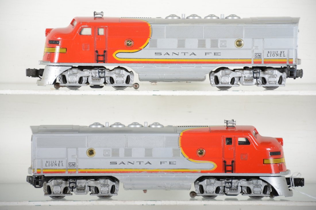 Clean Lionel 2353 SF F3 AA Diesels: Nice clean matched pair with original porthole lenses and clean battery box. They have 90% decals and show light to moderate playwear, C7
