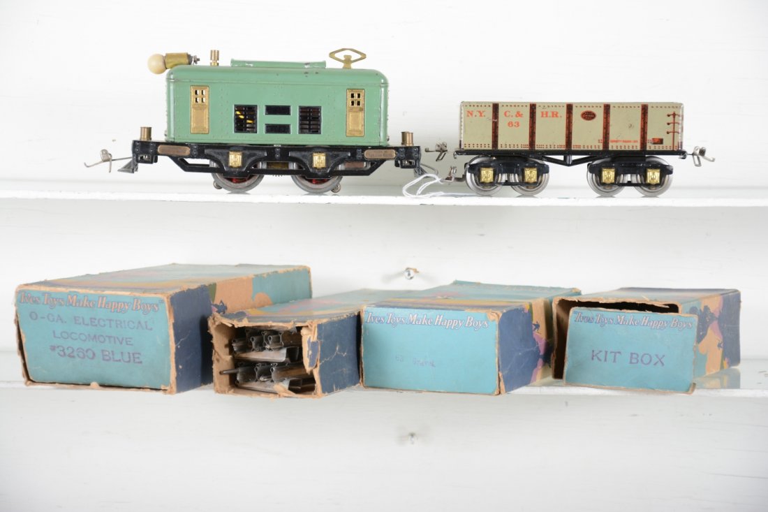 Nice Ives Trains Lot, Boxed 3260: Hear is a super 3260 partial set with a boxed 3260 boxcab electric with light lettering, but has an intact cast frame; late 63 gondola with journaled trucks, track & Kit, all with scarce scenic boxes,