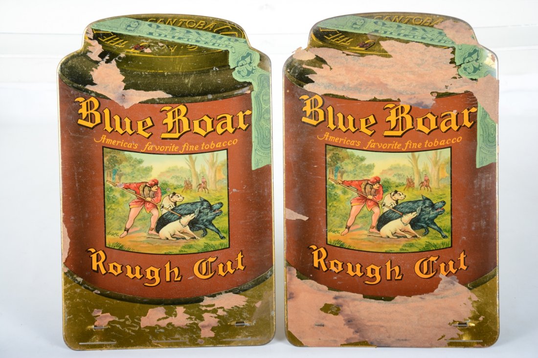2 Blue Boar Tobacco Signs: Old store stock, still has some wrapping paper stuck to them, should come off. 9 X 14" with isle back, C8 ish