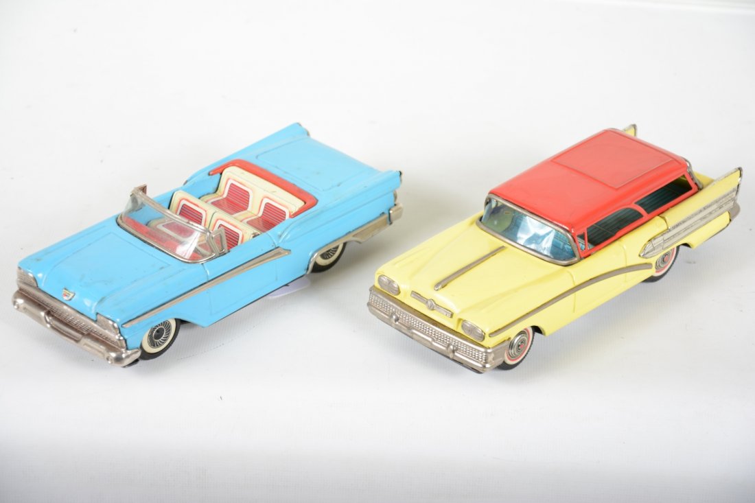 Japanese litho Tin Ford Automobiles: 8" long, friction with rubber tires. Includes a 1959 Country Squire Wagon; 1958 Crown Victoria Convertible. They are clean, bright & shiny, showing light playwear, C8