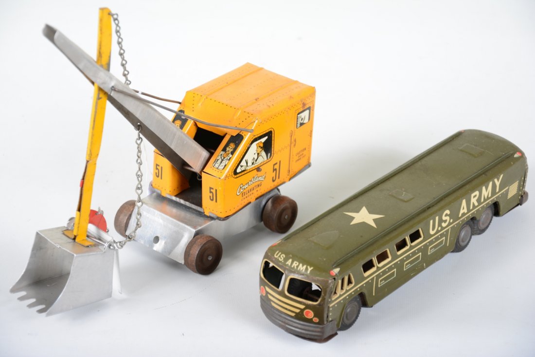 1950s Litho Tin Army Bus & Steam Shovel (1 of 2)