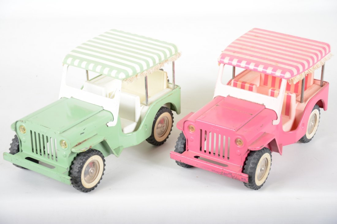 1960s Tonka Surrey Jeeps: Includes the 1965 Pink version and 1966 mint green version, both intact and show light to moderate playwear, C6+-7