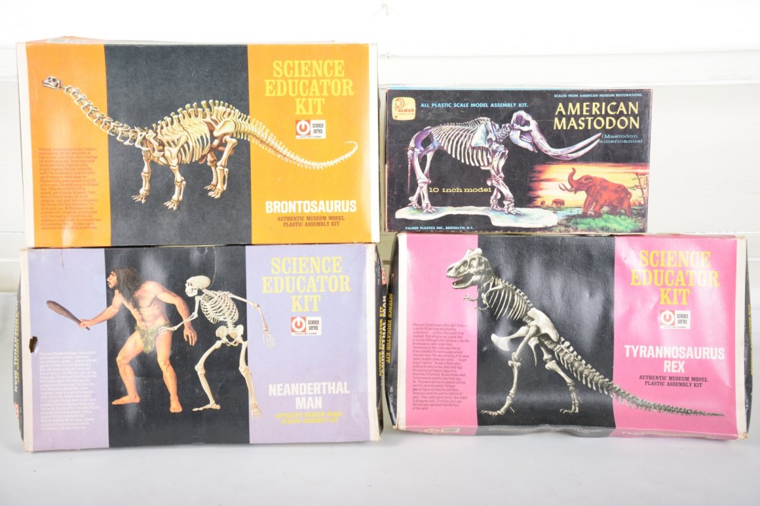Unusual Prehistoric Model Kits: Includes Palmer 110-1 Mastodon; Ringo Toy -C573-200 Neanderthal; C571-200 Tyrannosaurus Rex; C572-200 Brontosaurus. All appear unbuilt and complete with some wear to boxes, color is bright, C9