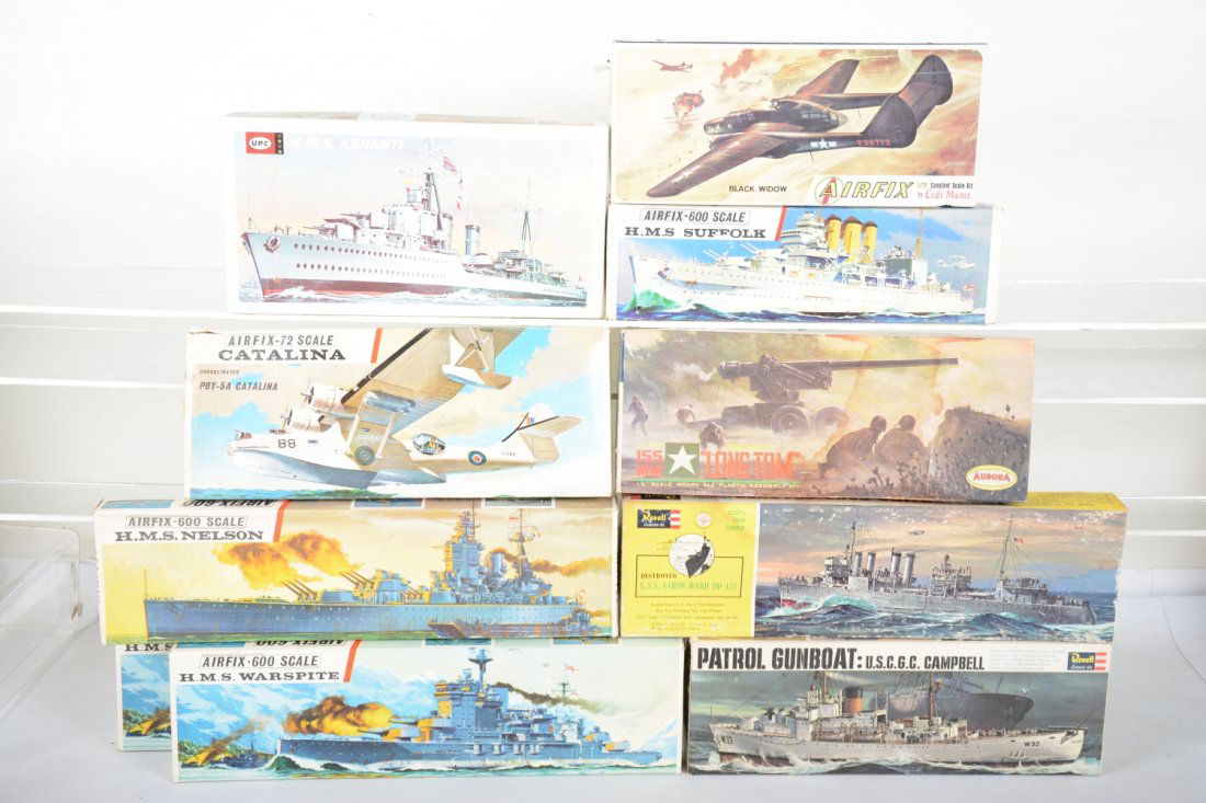 Vintage Military Ship Model Kits: Includes a 1963 Aurora 308-98"Long Tom" 155mm gun; Revell H-454-2001966 USCGC Campbell gun boat; 1962 Revell H-427-149 USS Aaron Ward Destroyer; UPC 6061-100 HMS Ashanti; plus 4 Airfix 600 series kits