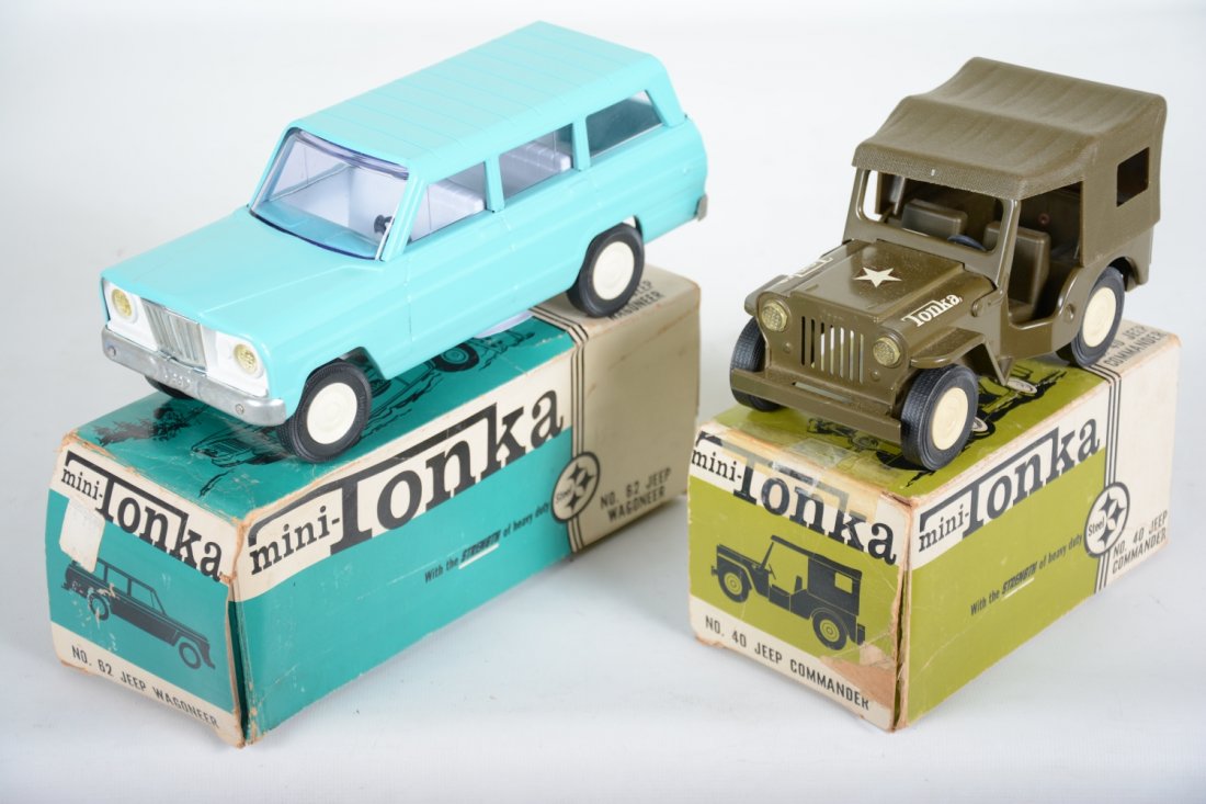 Boxed 1966 Mini-Tonka 40 & 62 Jeeps: Includes a 62 Wagoneer and 40 US Army Commander. They are like new with shop worn boxes, C9