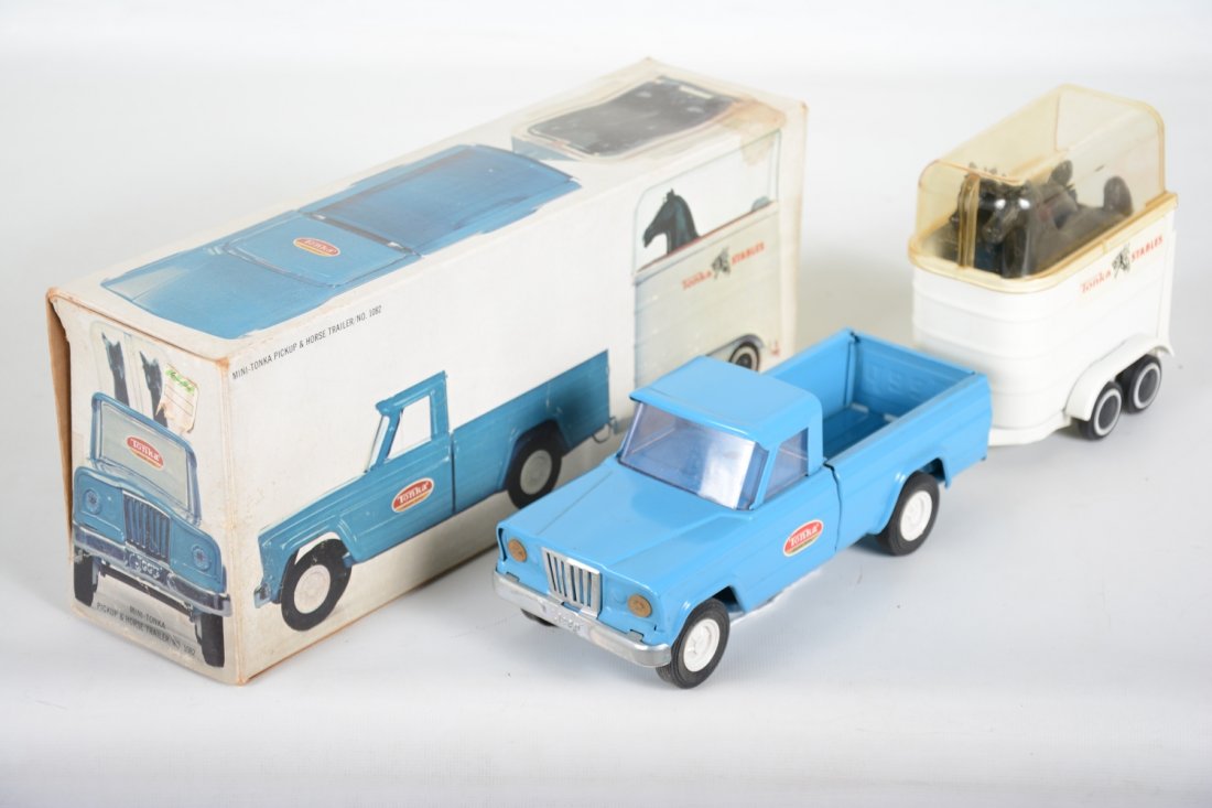 Boxed 1967 Mini-Tonka Pick-up & Horse Trailer: 1st boxed example we have seen. They are clean & shiny with original horses and slight yellowing to trailer cap. It has a nice box, trucks show light use, C8-8+