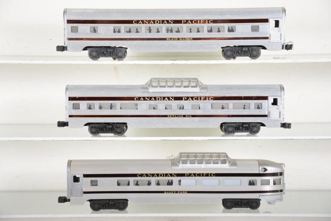 Lionel Canadian Pacific Passenger Cars: Includes a 2552 Skyline 500 vista dome; 2553 Blair Manor Pullman; well done, customized 2551 Bannif Park vista-dome observation. Most stripes are original, but shows moderate playwear, C5-6
