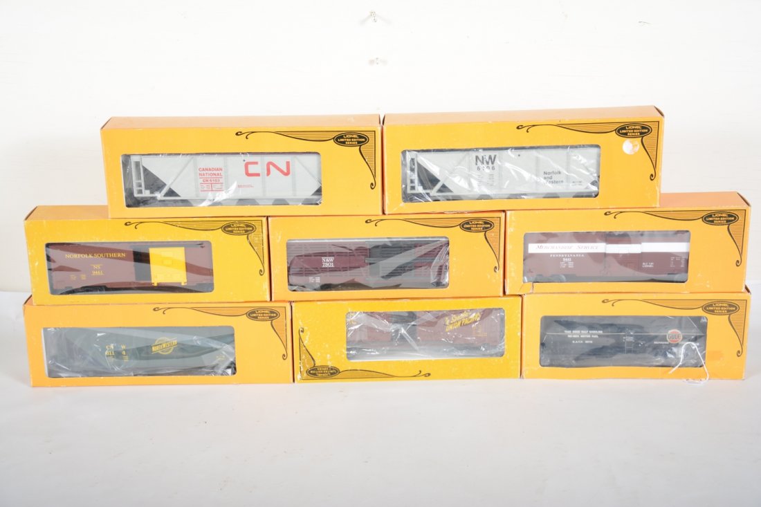 Lionel Limited Edition MPC Freight Cars: Includes 6114 N&W hopper; 9461 N&S boxcar; 7301 N&W cattle; 9441 PRR boxcar; 9468 UP boxcar; 6103 CN hopper; 6106 N&W hopper; 9313 Gulf tank car. Most appear new in boxes, C9-10
