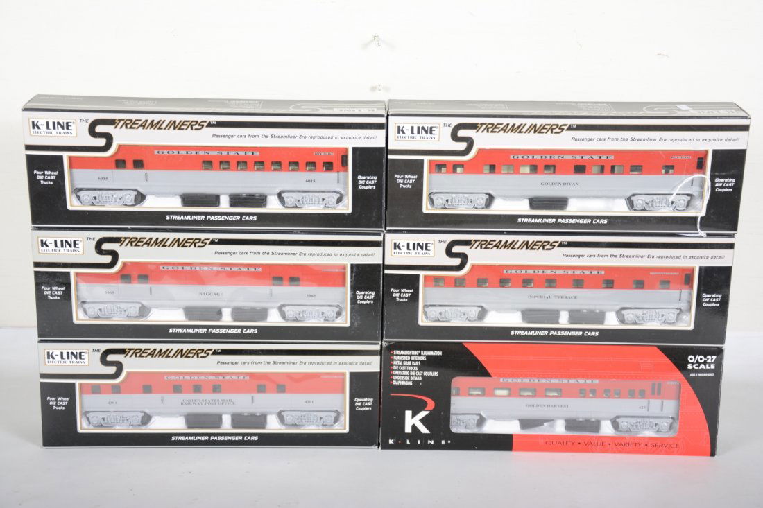 K-Line Golden State Passenger Cars: Includes K4532-baggage; 4301 RPO; combine; 0427 diner; 4031 coach; 0479 observation. They appear new in boxes, C10