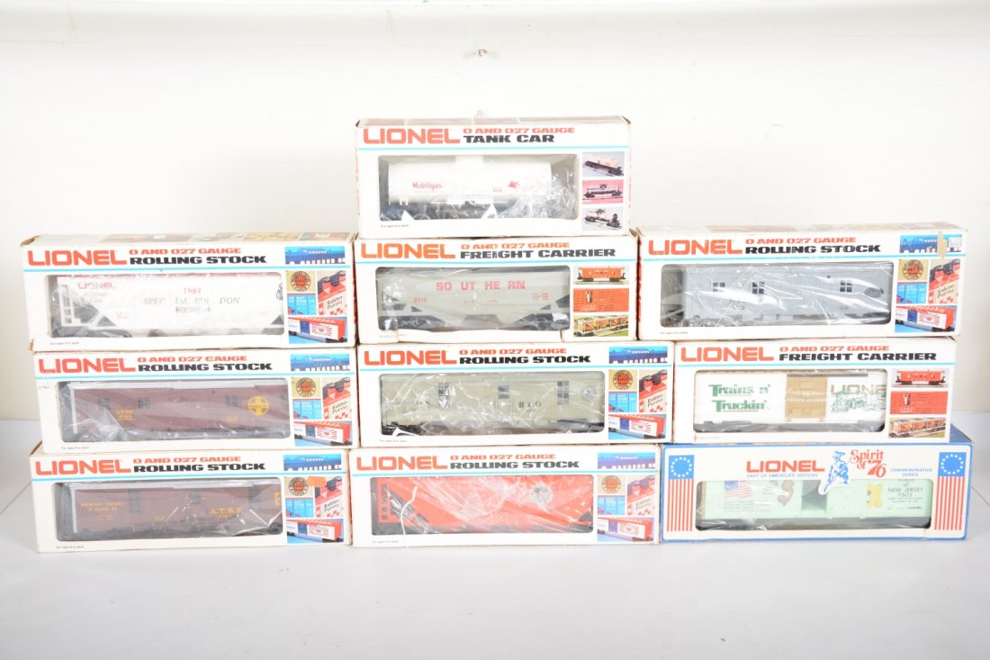 Lionel Freight Cars: Includes 9286 B&LE hopper; 5760 ATSF tool car; 6115 Southern hopper; 0784 RRC hopper; 7603 NJ boxcar; 9036 Mobile tank; 5745 ATSF bunk car; 5739 B&O tool car; 7803 Trains boxcar. All show light runtim