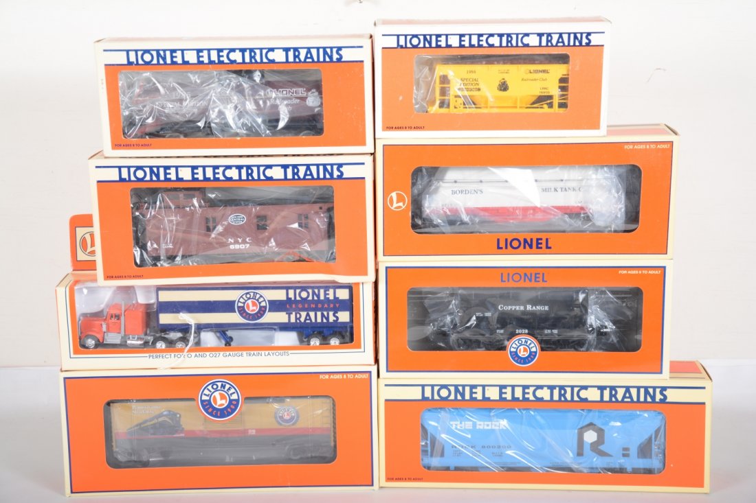 Lionel Rolling Stock: Includes 6907 NYC caboose; 16800 LRRC ore car; 12989 truck; 39246 Century Club II PRR Sharknose; 16488 Copper Range Ore car; 19479 Bearden's tank car; 0782 LRRC tank car; 17122 Rock hopper. All appear