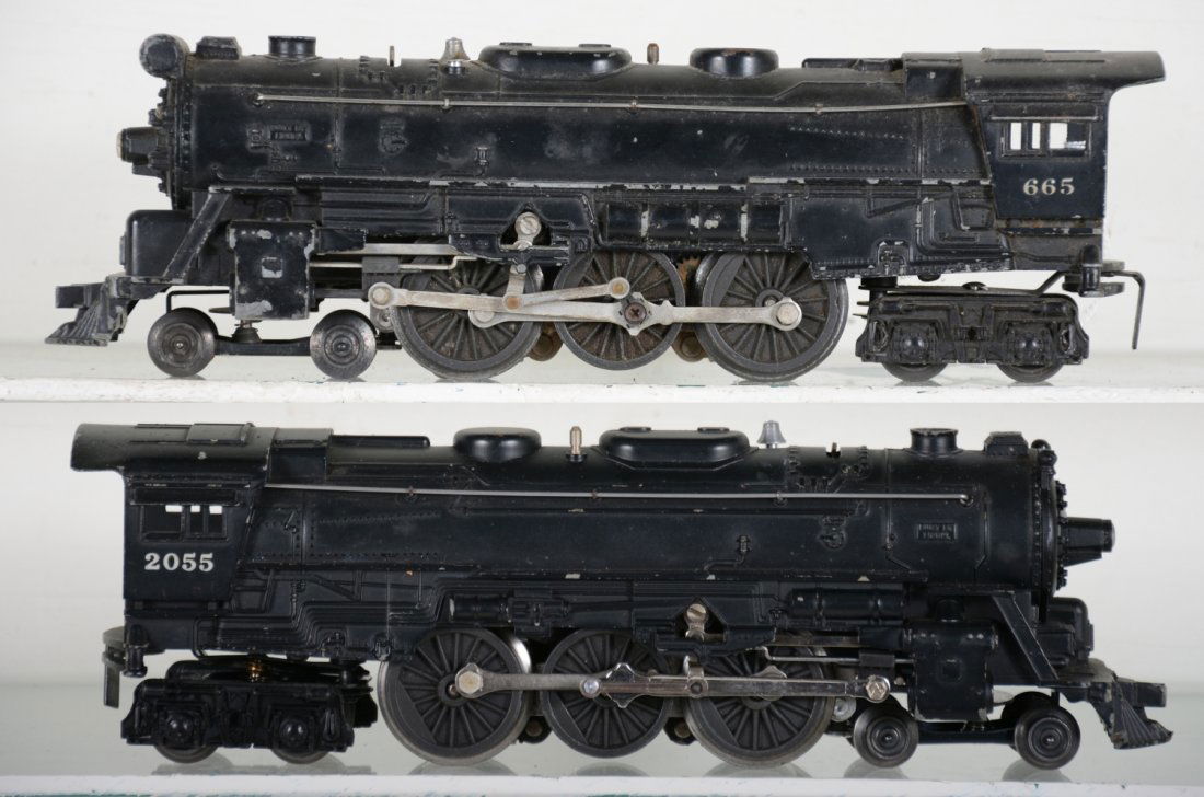 Lionel 2055 & 665 Steam Locomotives: Both are fairly clean with the 2055 having a slight bend to cab corner. They otherwise show moderate playwear, C6 NO Tenders.